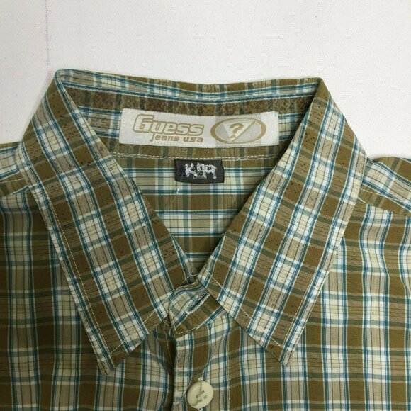 Guess Jeans Mens Short Sleeved Shirt Green Brown Checkered Cotton Size Large - Picture 3 of 10